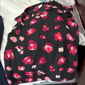 CAbi Black Blouse with Pink, Red & Coral Petal Print